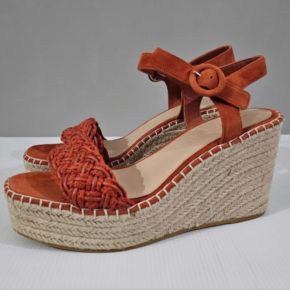 NEW Veronica Beard Reema Sandal Woven Espadrille Wedge Orange Leather - Picture 1 of 13